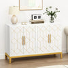 HLR White Accent Cabinet with Gold Trim, Storage Cabinet with 4 Doors, Modern Wooden Sideboard